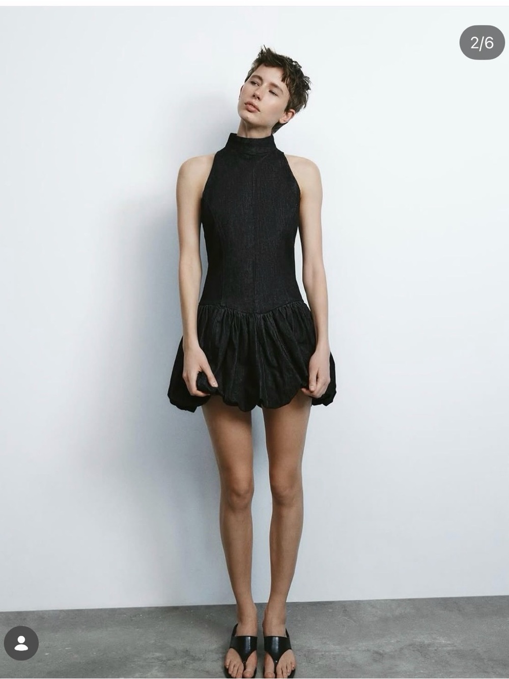Zara Black High-Neck Bubble-Hem Mini Dress